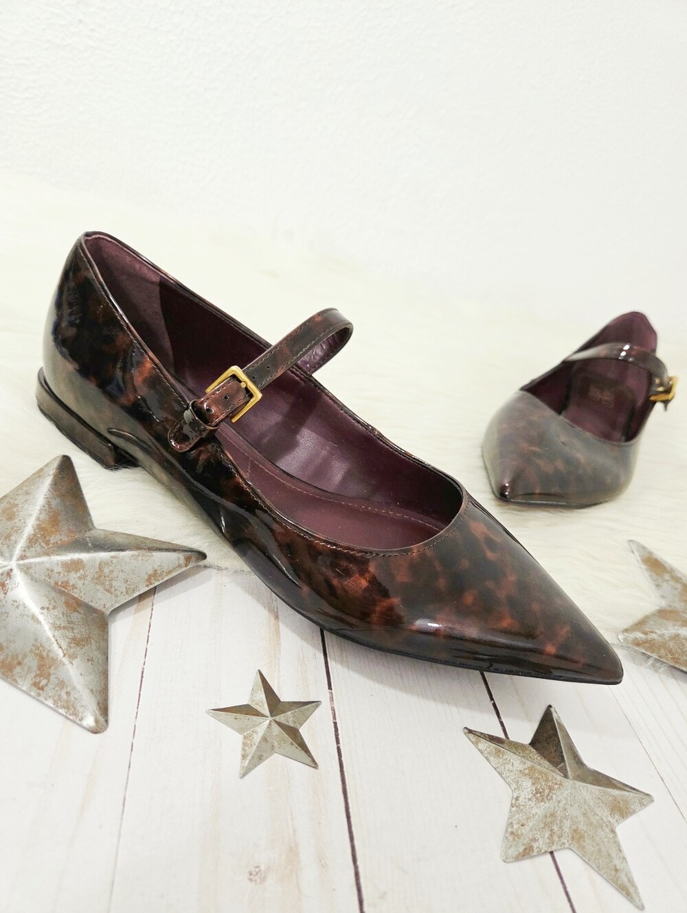 Franco Sarto Nalin Pointed Toe Mary Jane Flat brown tortoiseshell patent women 9